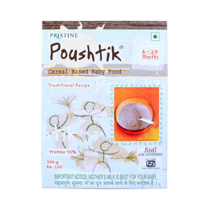 Poushtik cereal based baby food packaging on a white background