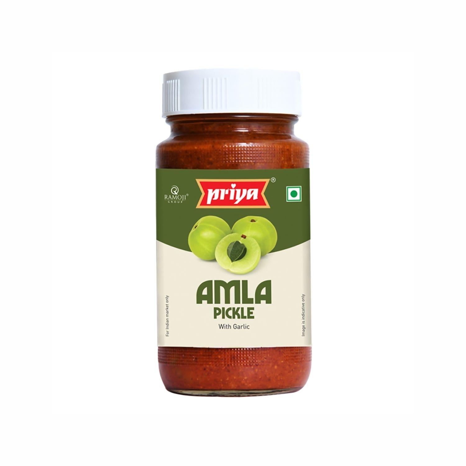 Jar of Priya Amla Pickle with Garlic on a white background