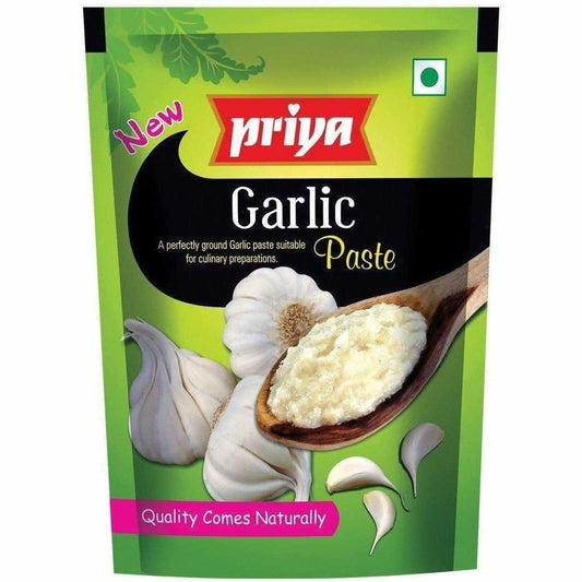 Priya Garlic Paste packaging with garlic and paste on a green background
