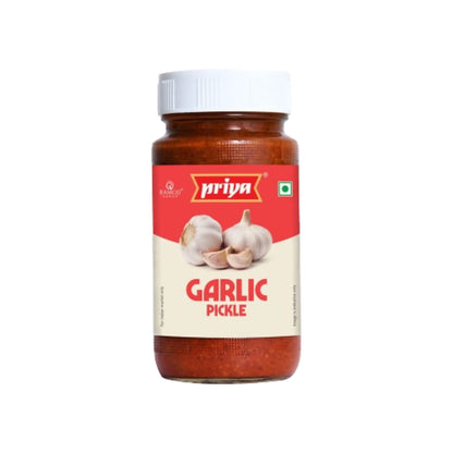 Jar of Priya Garlic Pickle on a white background
