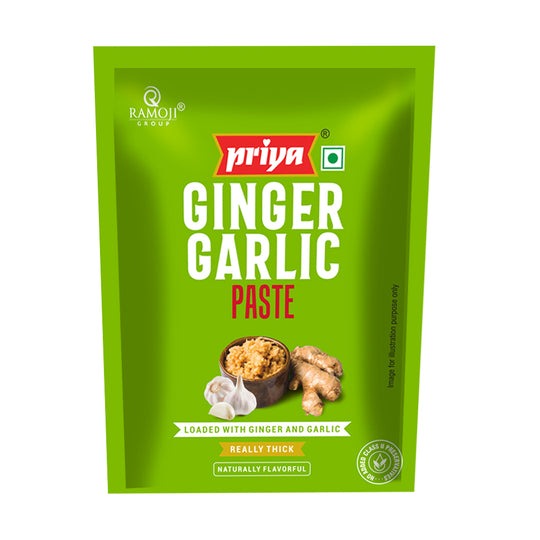 Green package of Priya Ginger Garlic Paste with branding and product details.