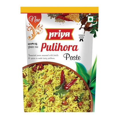 Priya Pulihora Paste packaging with a picture of pulihora on a white background