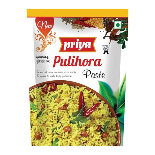 Priya Pulihora Paste packaging with a picture of pulihora on a white background