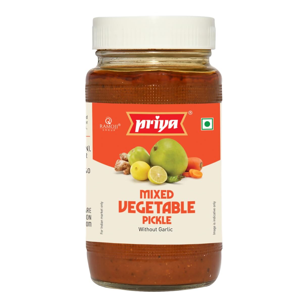Jar of Priya Mixed Vegetable Pickle on a white background