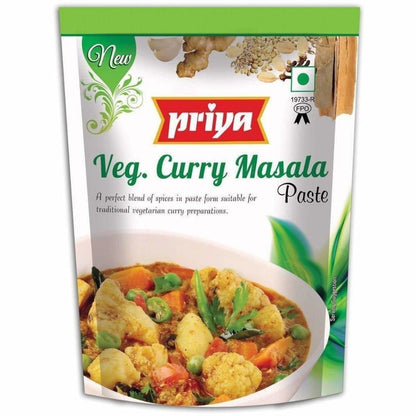 Priya Veg. Curry Masala Paste packaging with a bowl of curry on a white background