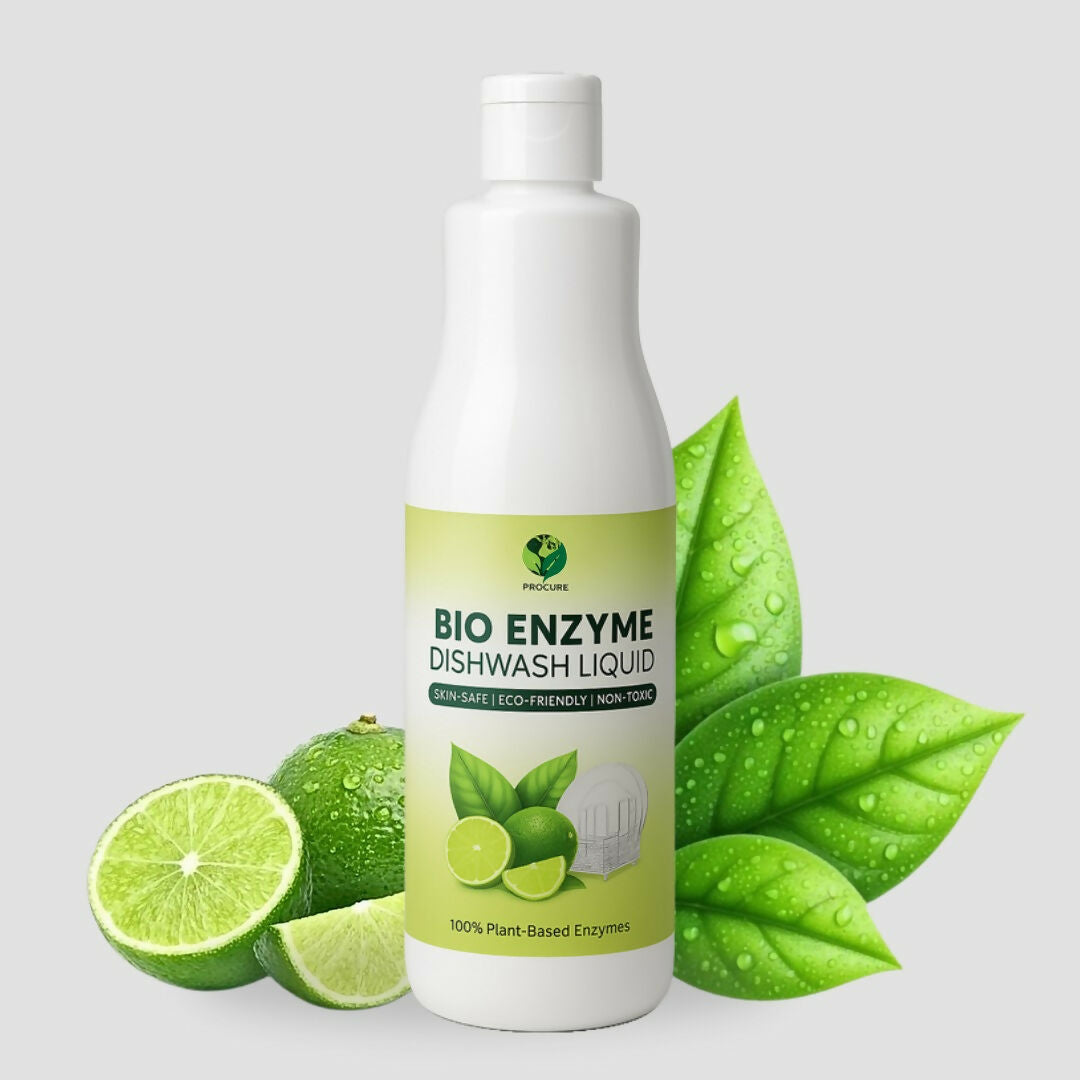 Bottle of ProCure Bio Enzyme Dishwash Liquid with lime and leaves on a light gray background