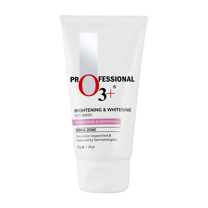 A tube of Professional O3+ Brightening & Whitening Face Wash, with white and pink color scheme.