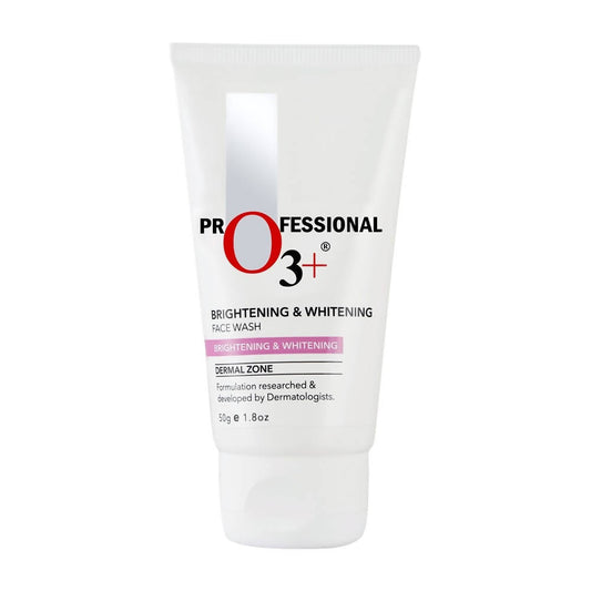 A tube of Professional O3+ Brightening & Whitening Face Wash, with white and pink color scheme.