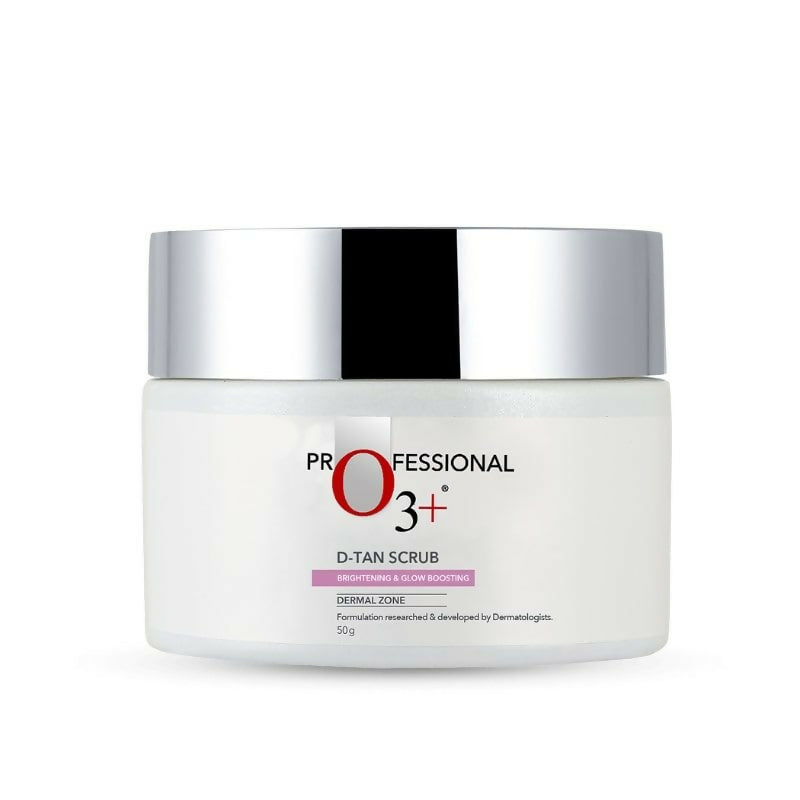 Jar of O3+ D-Tan Scrub with silver lid on a white background