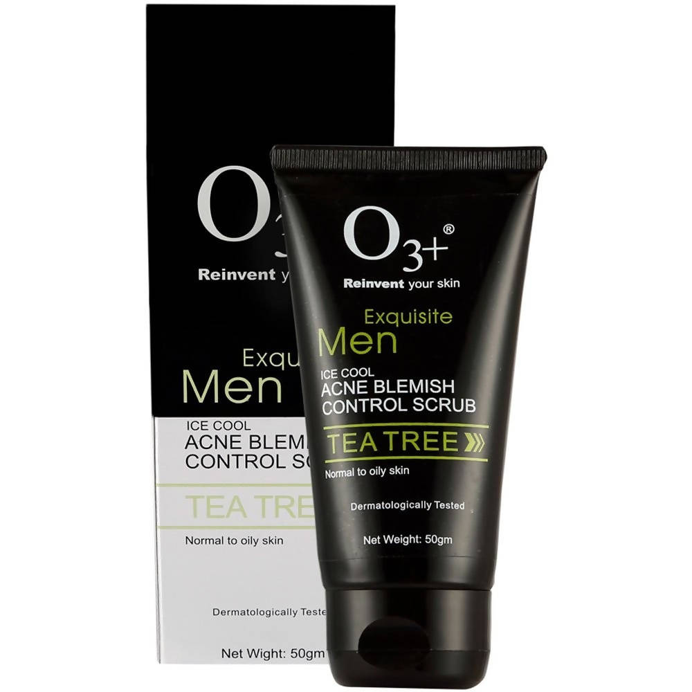 O3+ Men's Acne Blemish Control Scrub with packaging on a white background