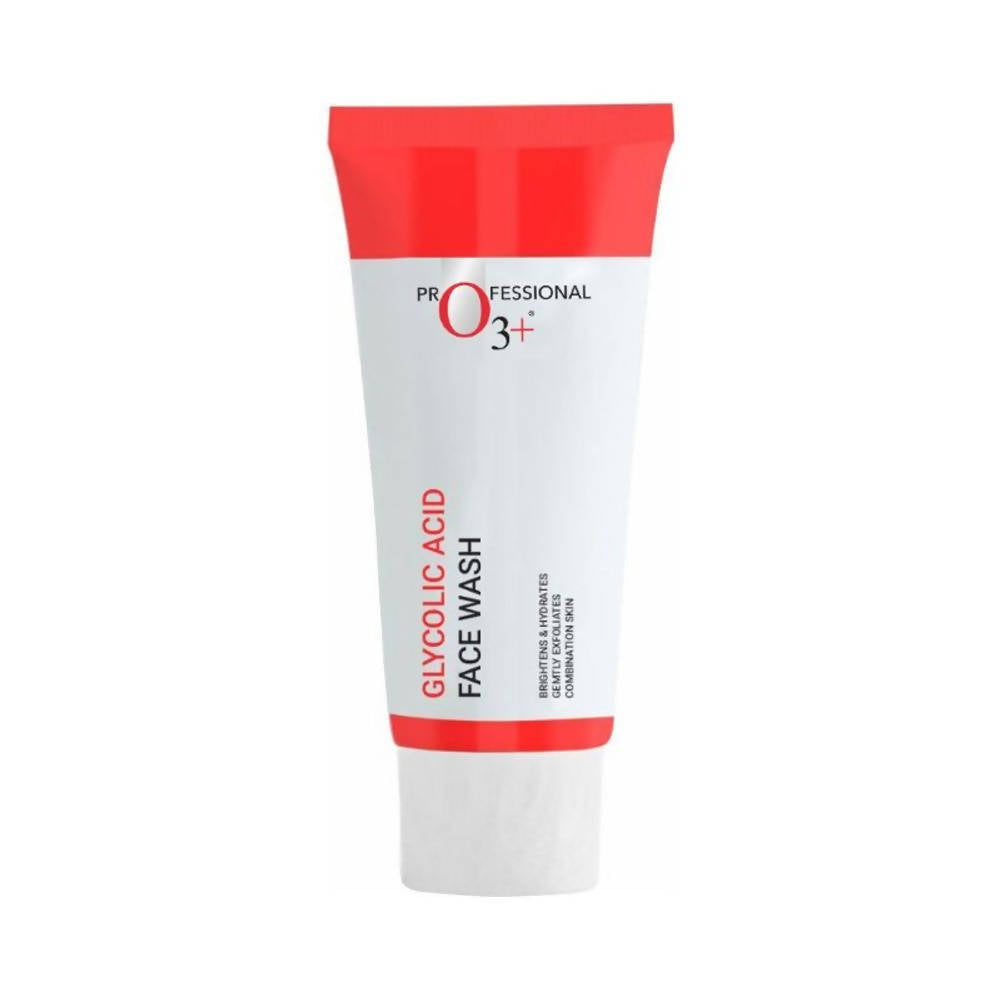 Tube of glycolic acid face wash with red and white design on a white background