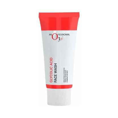 Tube of glycolic acid face wash with red and white design on a white background