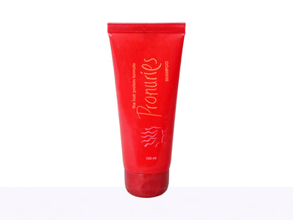 Red shampoo tube with 'Pronuies' branding on a white background