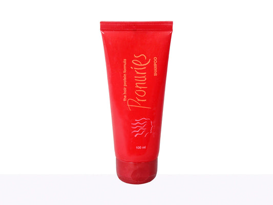 Red shampoo tube with 'Pronuies' branding on a white background