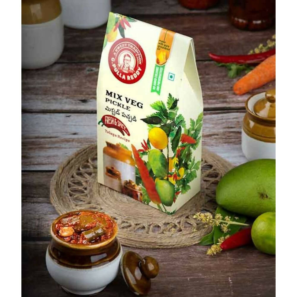 Packaged mix veg pickle with a wooden background