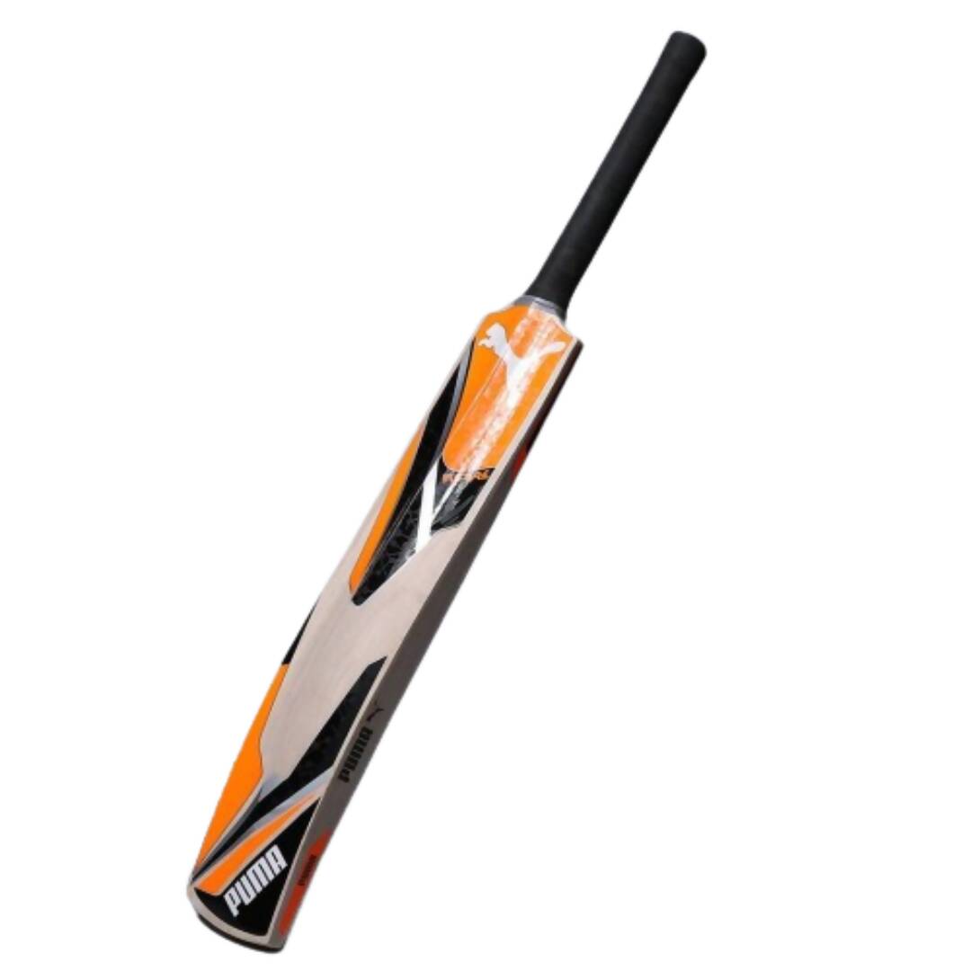 Orange and black cricket bat with Puma logo on a white background