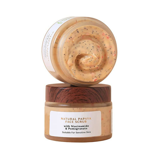 Two jars of Natural Papaya Face Scrub with wooden lids on a white background