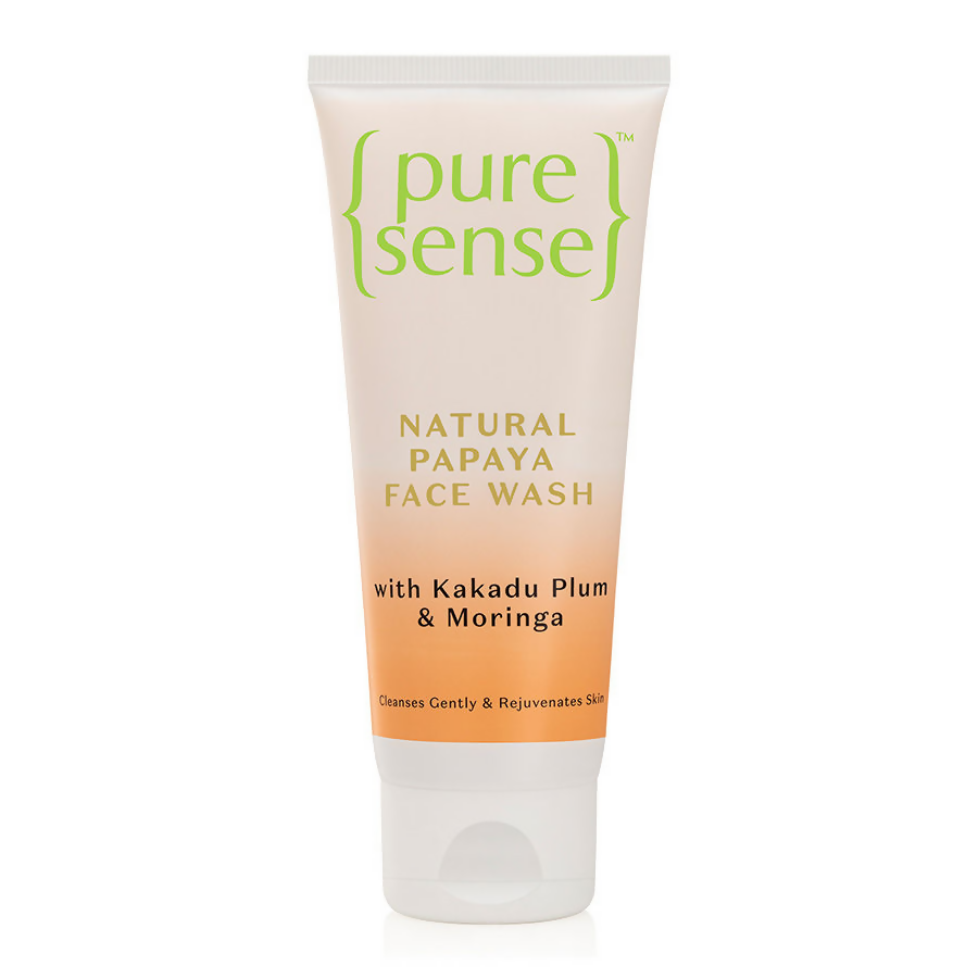 Tube of pure sense natural papaya face wash on a white background