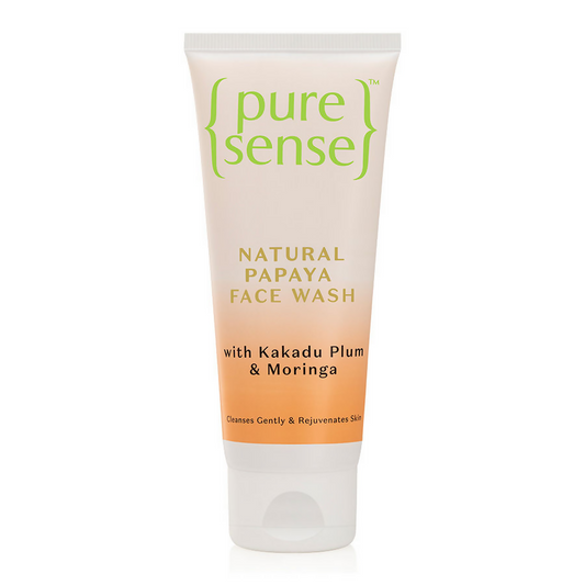 Tube of pure sense natural papaya face wash on a white background