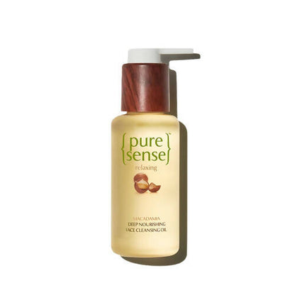 Bottle of 'pure sense' macadamia deep nourishing face cleansing oil on a white background