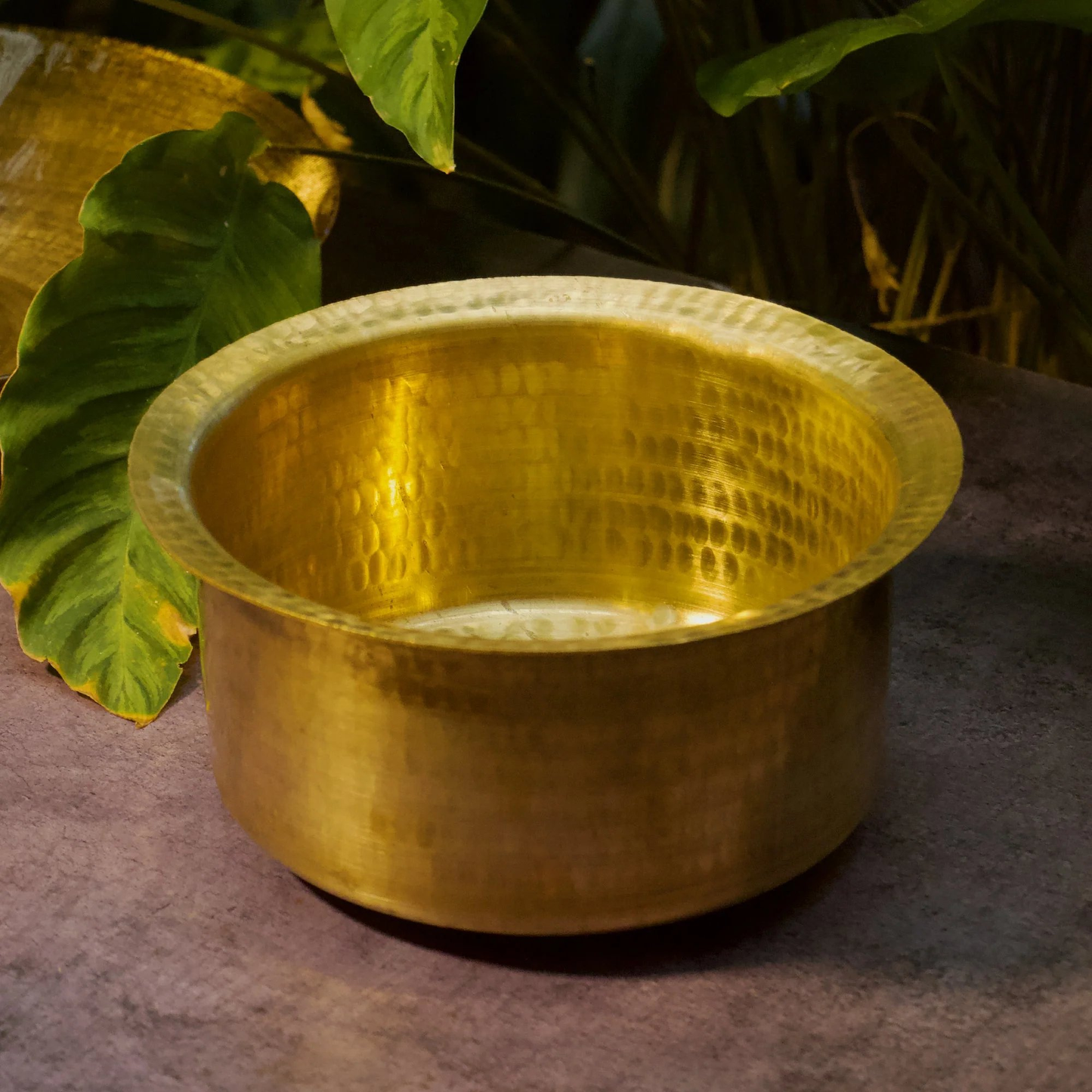 Gold metallic bowl on a textured surface with green leaves in the background