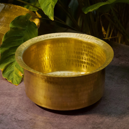 Gold metallic bowl on a textured surface with green leaves in the background