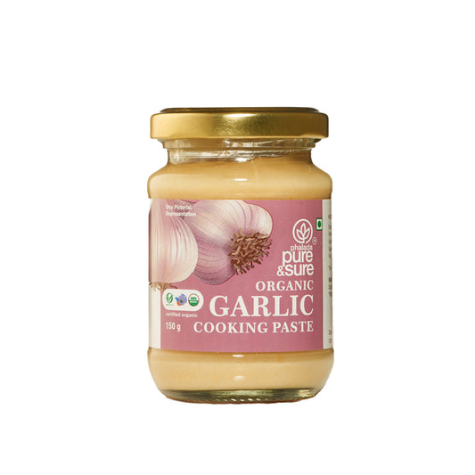 Jar of organic garlic cooking paste with a pink label on a white background