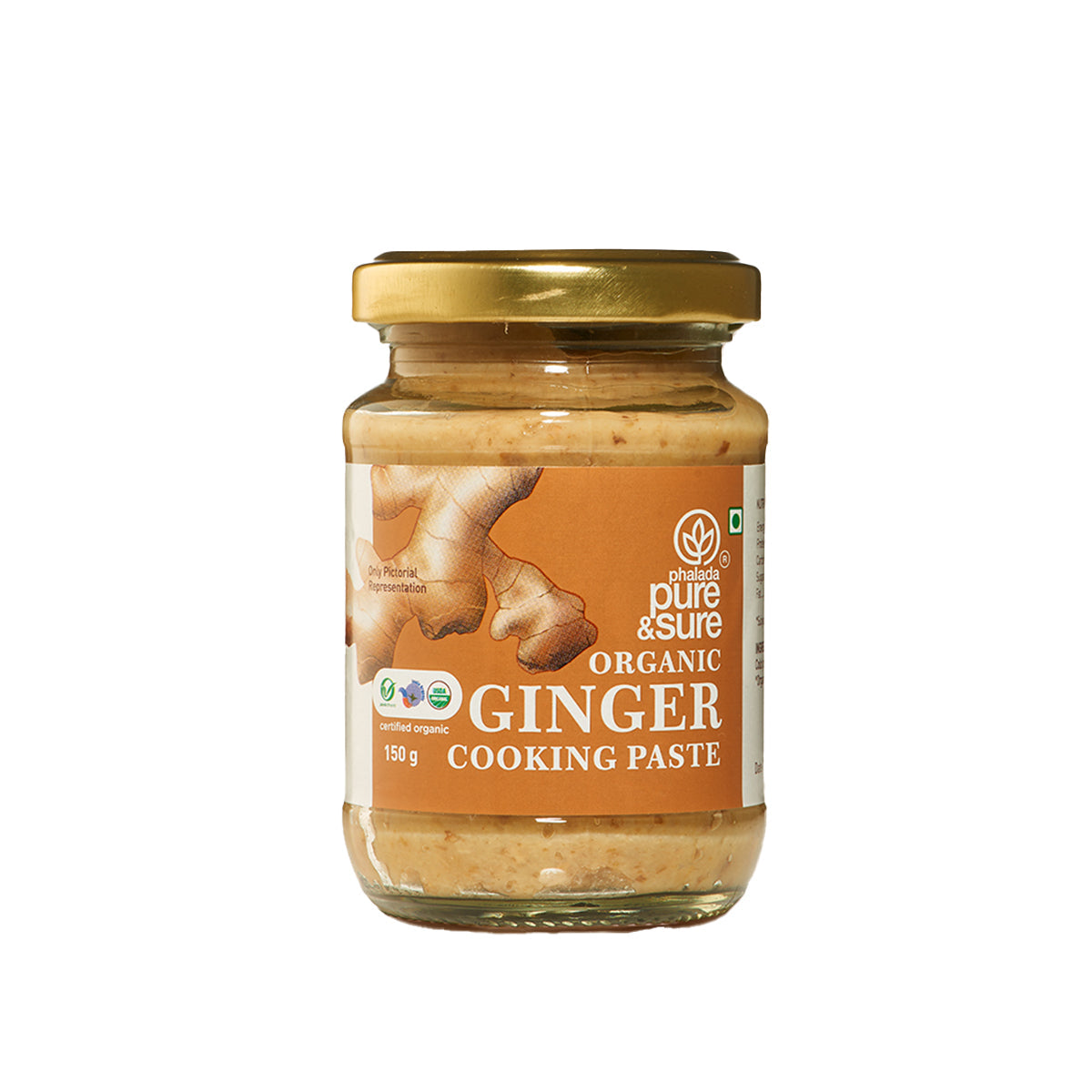 Jar of organic ginger cooking paste with a gold lid on a white background