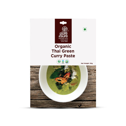 Package of pure & sure Organic Thai Green Curry Paste on a white background
