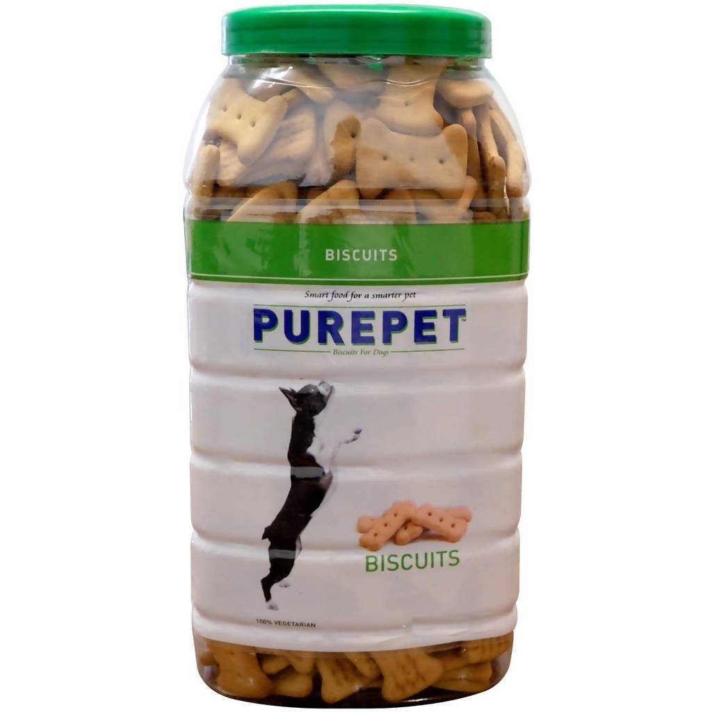 Jar of Purepet dog biscuits on a white background