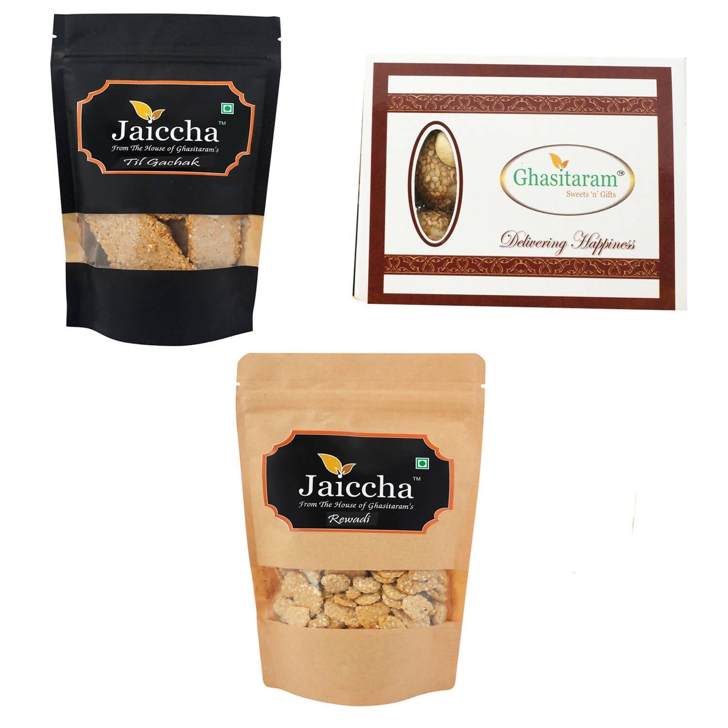 Ghasitaram Sankranti /Lohri Sweets Til Gachak, Gud Rewadi Pouches And MawacTil Laddoo(Bhuga) Box Combo
