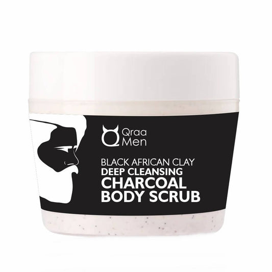 Jar of Qraa Men Black African Clay Deep Cleansing Charcoal Body Scrub on a white background