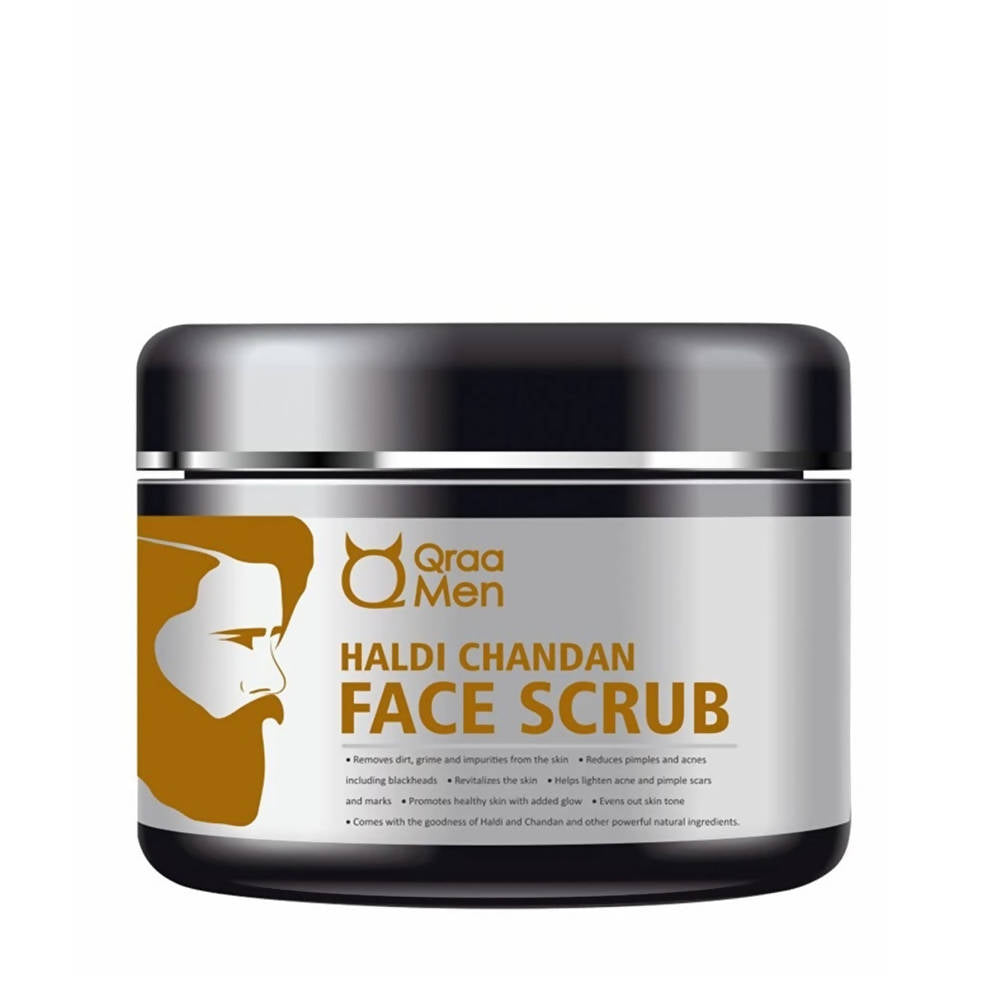 Jar of Haldi Chandan Face Scrub with Qraa Men branding on a white background