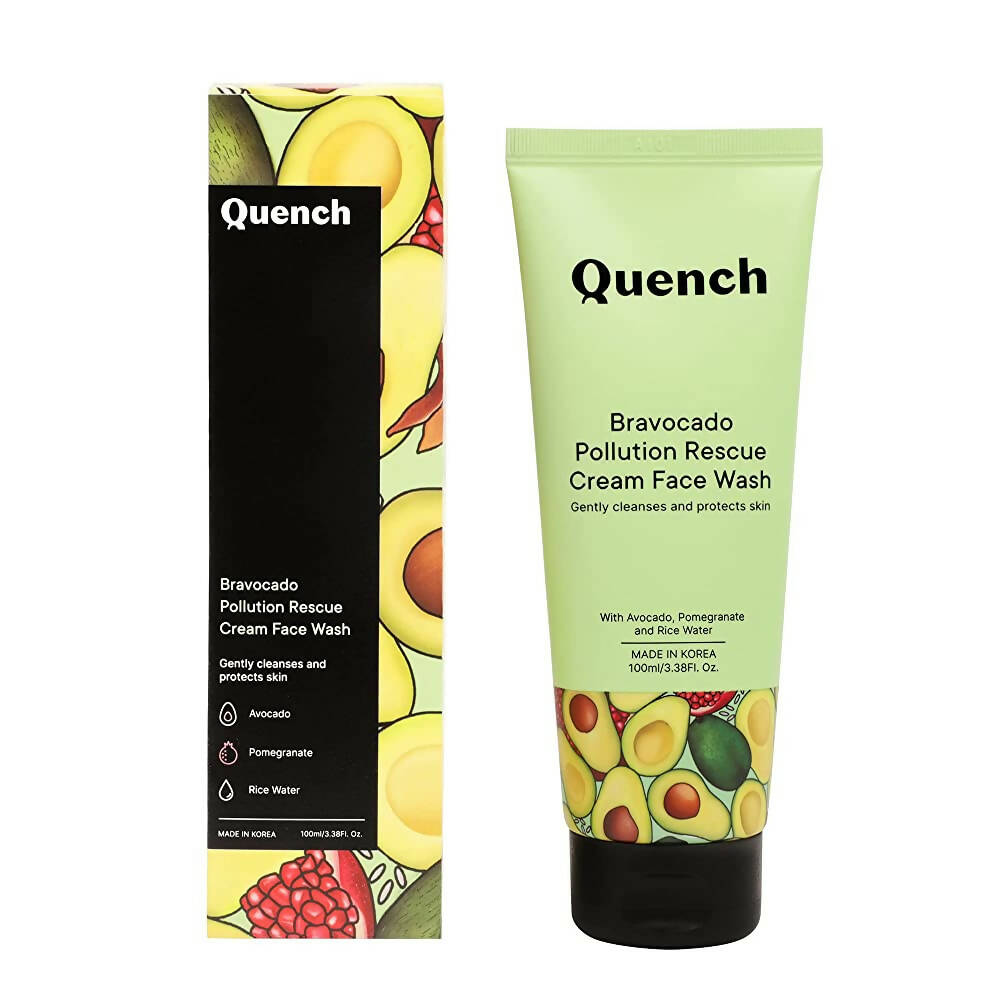 Quench Bravocado Pollution Rescue Cream Face Wash with packaging on a white background
