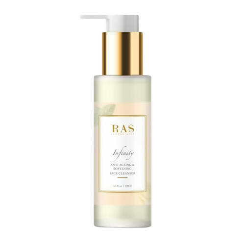 Skincare bottle with pump labeled 'RAS' on a white background