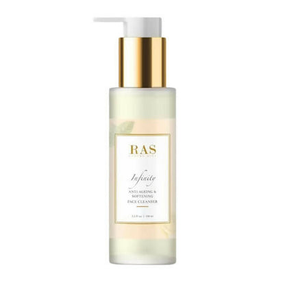 Skincare bottle with pump labeled 'RAS' on a white background