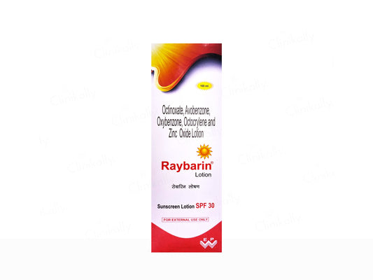 Raybarin sunscreen lotion packaging on a white background