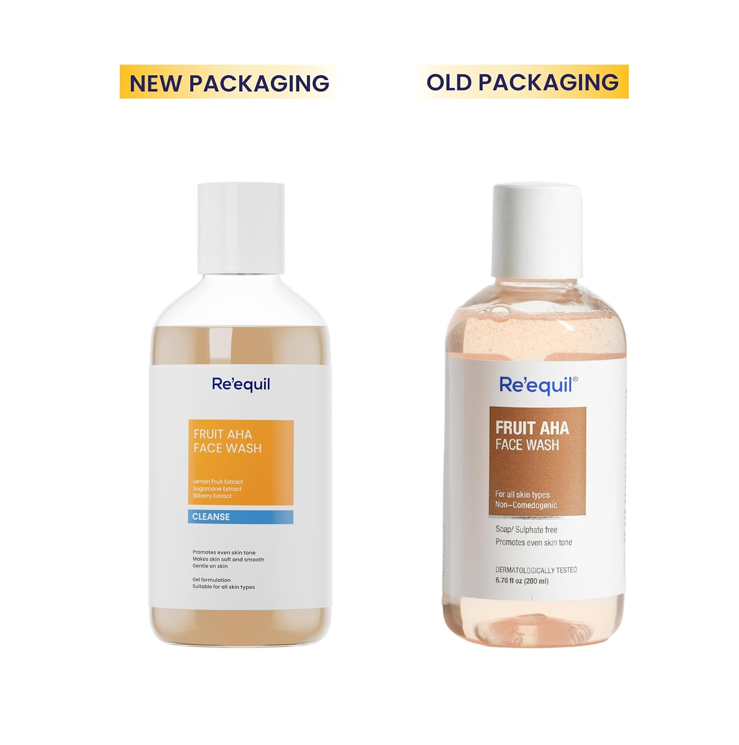 Two bottles of Re'equil Fruit AHA Face Wash, one with new packaging and one with old packaging, on a white background.