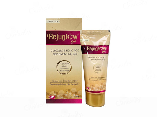 Rejuglow glycolic and keric acid depigmenting gel packaging on a white background