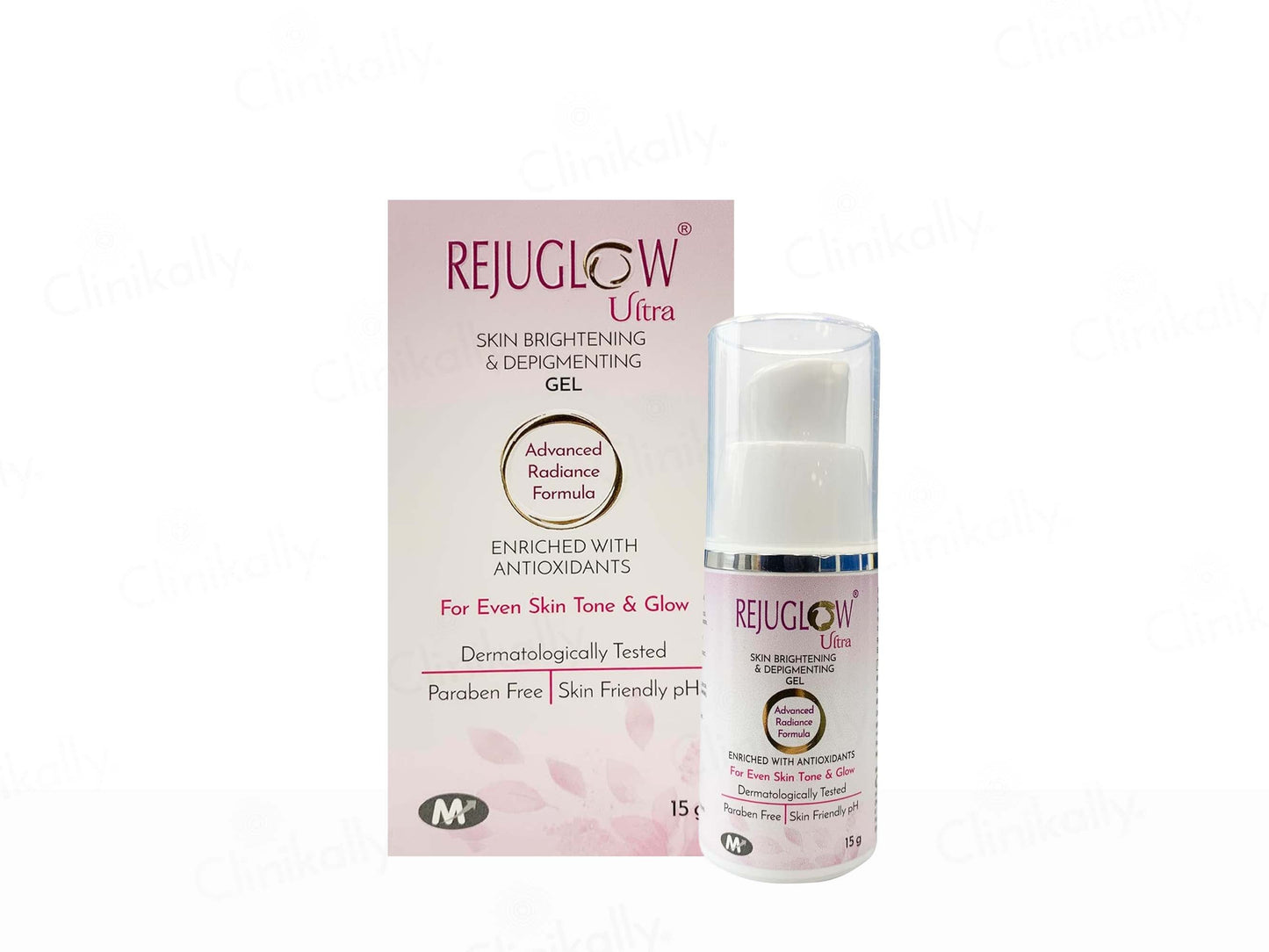 Rejuglow Ultra skin brightening gel packaging and bottle on a white background
