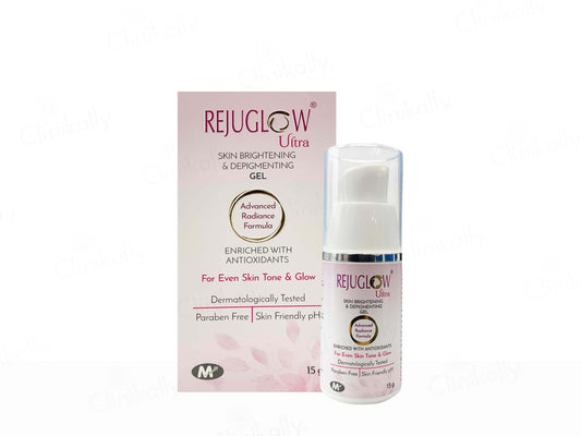 Rejuglow Ultra skin brightening gel packaging and bottle on a white background