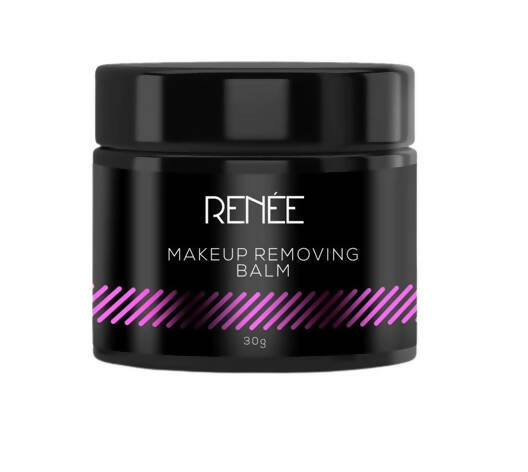 Black makeup removing balm jar with 'Renee' branding on a white background