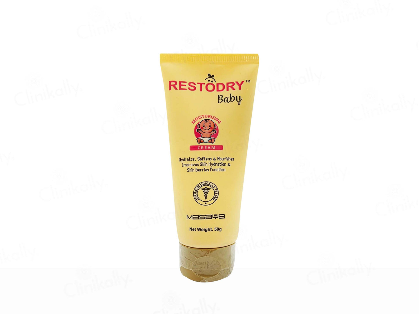Yellow tube of Restodry Baby cream on a white background