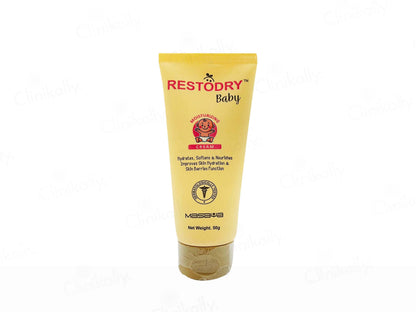 Yellow tube of Restodry Baby cream on a white background