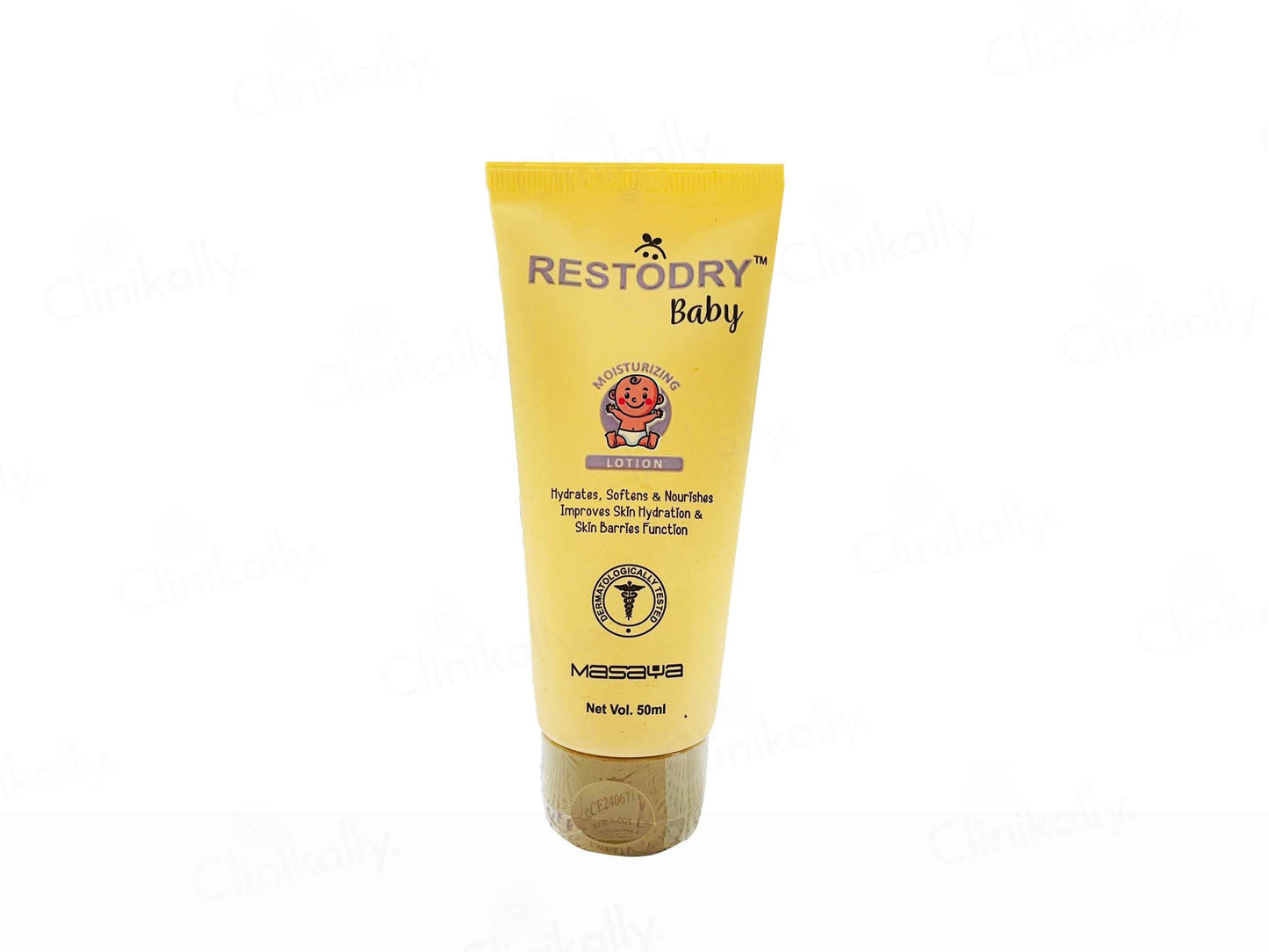 Yellow tube of Restodry Baby cream on a white background