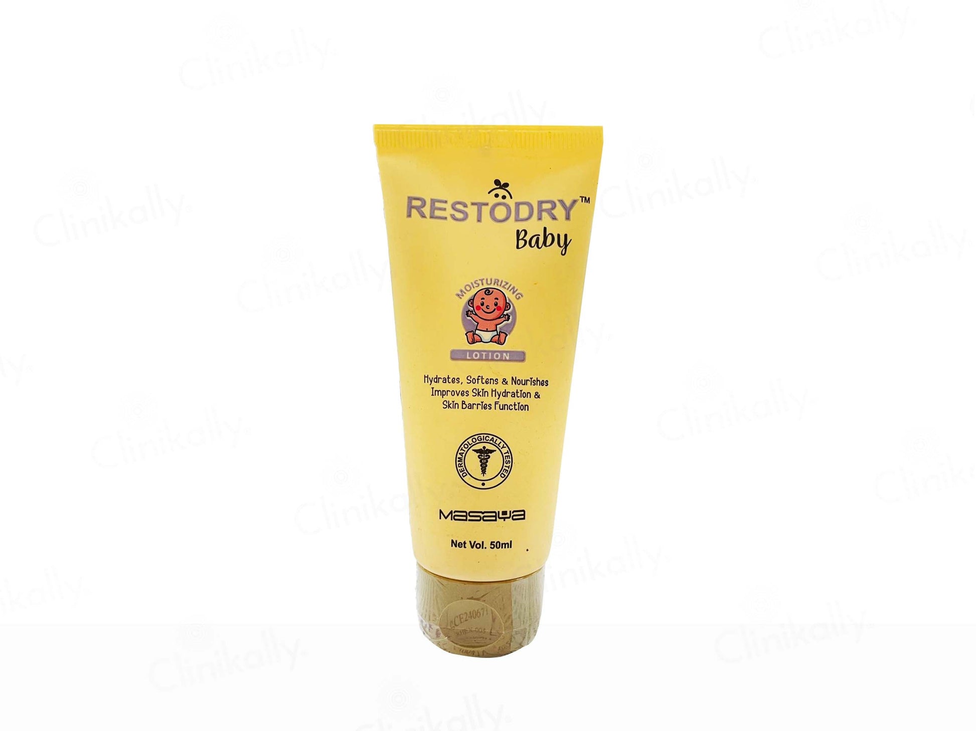 Yellow tube of Restodry Baby cream on a white background