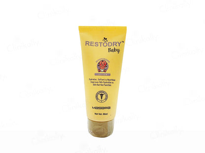 Yellow tube of Restodry Baby cream on a white background