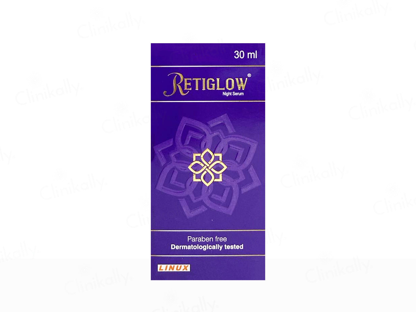 Retiglow night serum packaging with purple and gold design on a white background