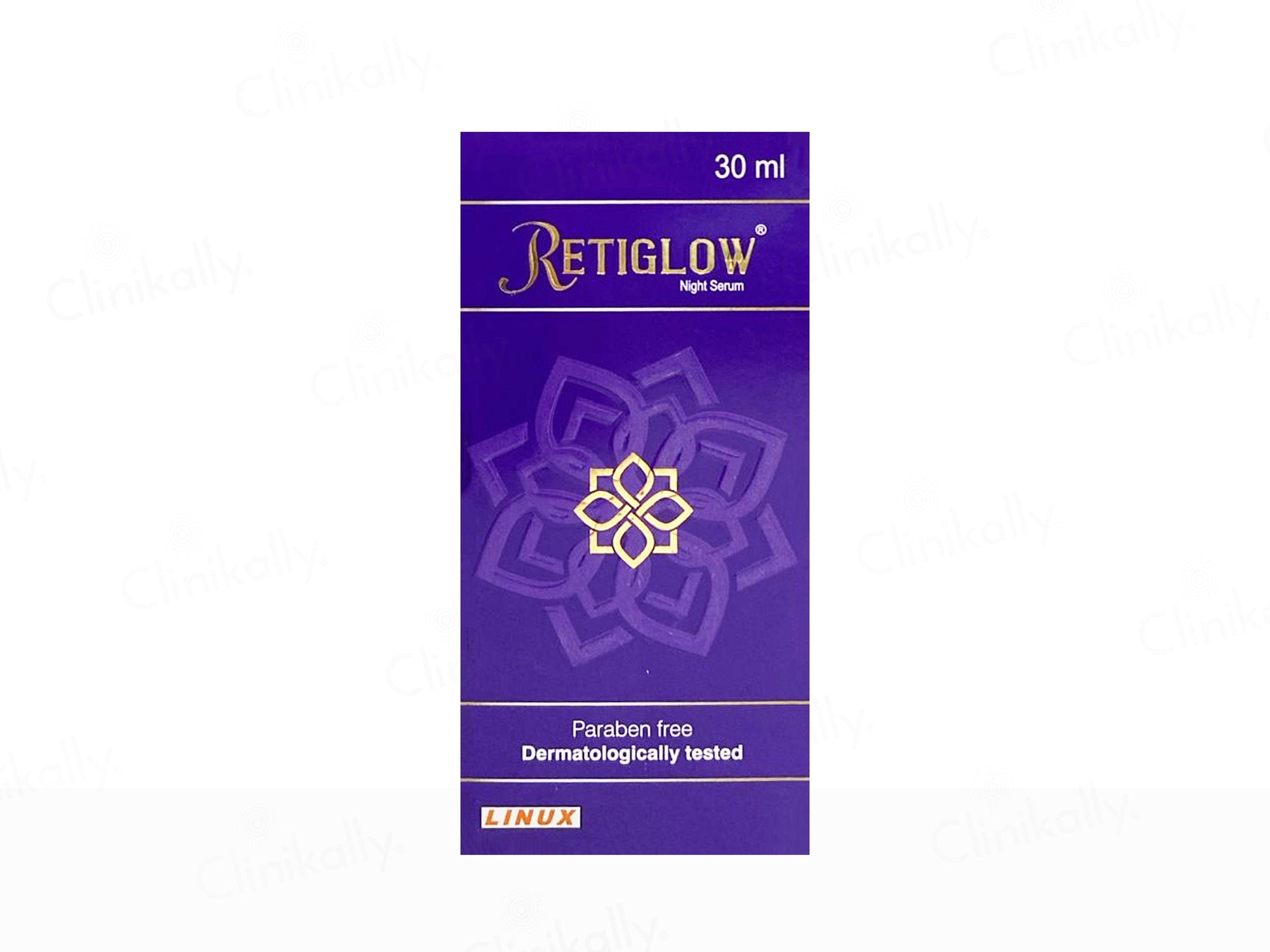 Retiglow night serum packaging with purple and gold design on a white background