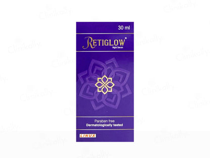 Retiglow night serum packaging with purple and gold design on a white background